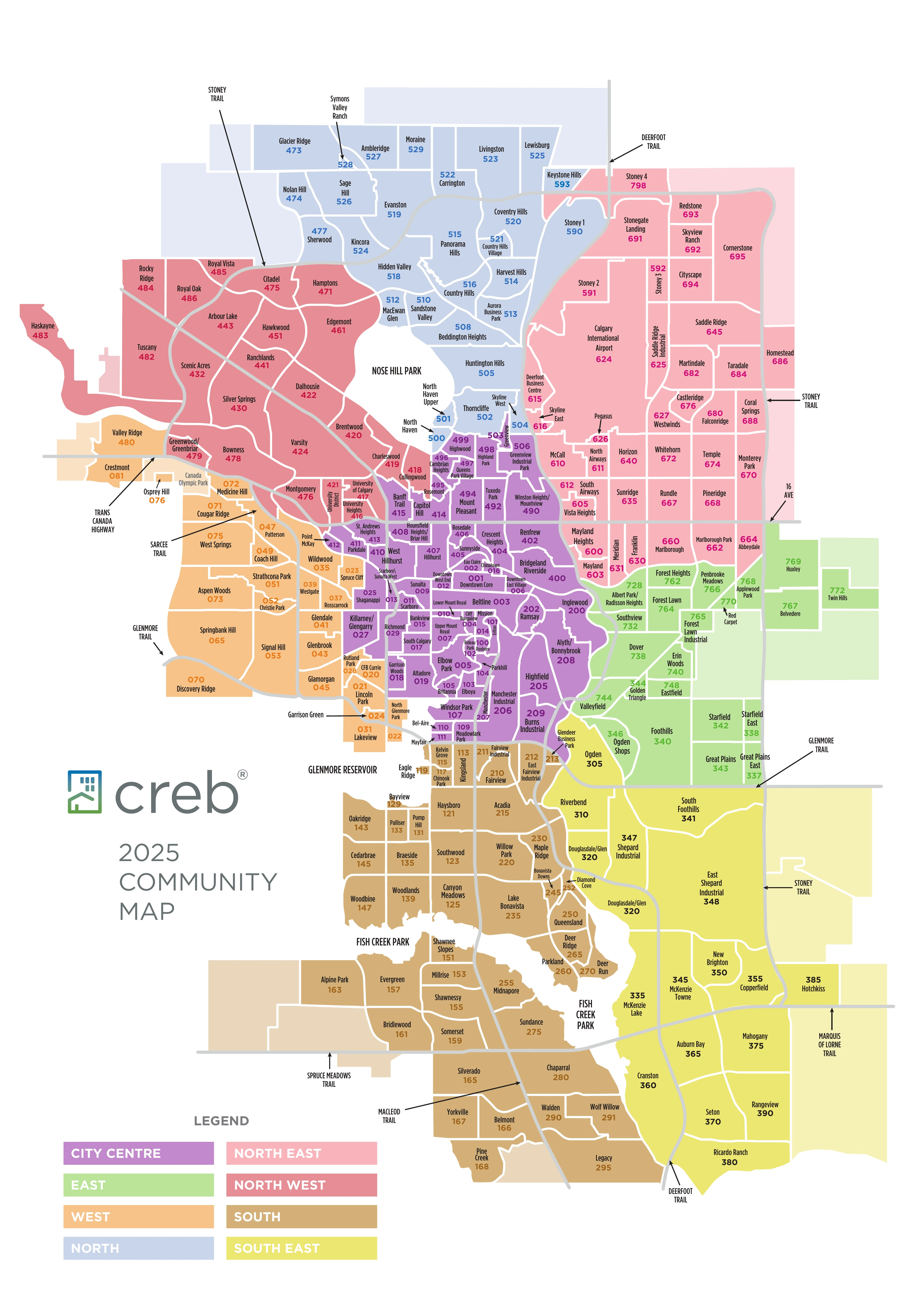 2025 CREB Calgary Community Map showing all 8 real estate districts